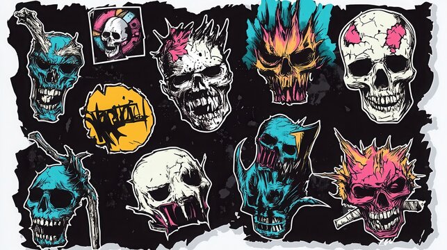 Skulls illustrated in a diverse sticker collection display various expressions and color palettes that represent a gritty and alternative artistic style for contemporary digital media applications.
