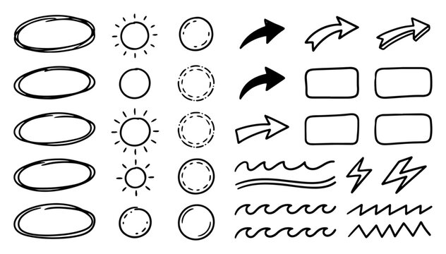 Circle oval and arrow graphic symbols collection in minimalist sketch style