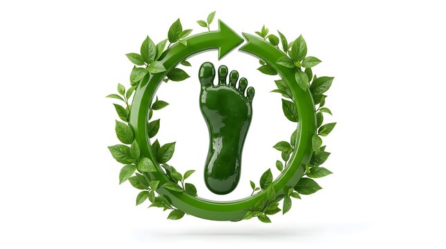 Green Carbon Footprint Icon with Recycling Arrow and Leaves on White Background