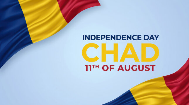 Creative Chad Independence Day greeting poster featuring flowing Chad national flag elements framing bold patriotic typography, minimalist 11th August celebration and vibrant holiday background