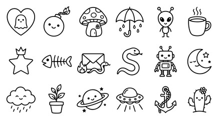 Obraz premium Cartoon icons including aliens robots planets and everyday objects in a cute doodle style