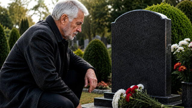  Senior man kneeling by headstone in cemetery. Mournful husband visiting grave with flowers. Concept of grief, loss, funeral, memory, remembrance, sadness and respect for loved one.