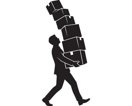 Man Carrying Stack of Boxes in Silhouette Style Vector Illustration Featuring Black, White, Moving with Delivery and Labor