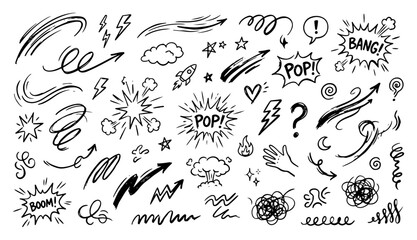 Action comic book elements featuring text bubbles and movement arrows in decorative doodle style © Mago