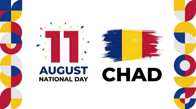 Creative Chad National Day banner featuring vibrant blue, yellow and red brush stroke artwork, bold 11 August typography, minimalist patriotic celebration and festive holiday background