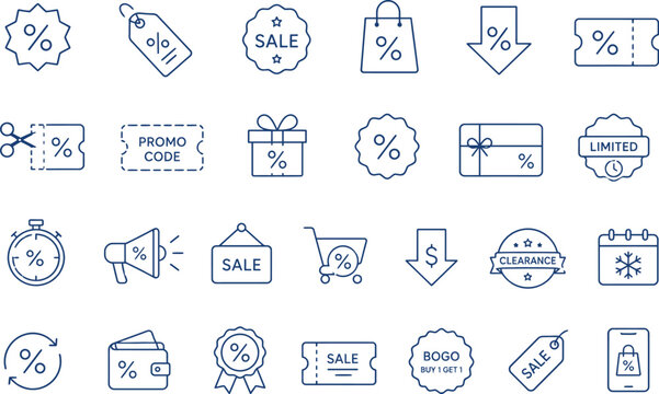 Sale and Discount Line Icons Set &ndash; Shopping, Coupon, Promo Code, Clearance, Discount Badge and Retail Vector Collection