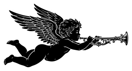 Naklejka premium Cherub silhouette playing a trumpet with feathered wings in vintage classic style