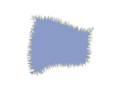 A textured blue fabric patch with frayed yellow edges in a rough shape