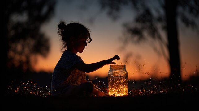 Child catching fireflies in jar at dusk