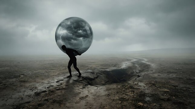 A silhouette of a man carrying a heavy reflective sphere across a desolate landscape.