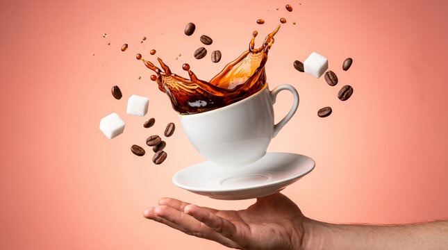 Coffee cup with splashing liquid, coffee beans and sugar cubes floating above a hand on a pink background