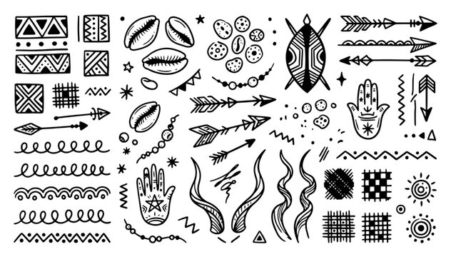 African ethnic symbols including cowrie shells arrows and tribal borders in a hand drawn style