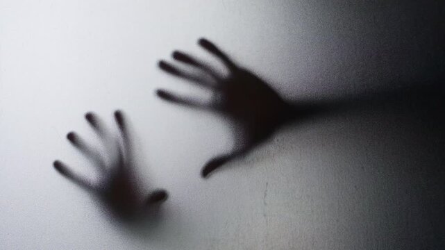 Blurred Human Hands Pressed Against Frosted Glass on a Grainy Translucent Surface. Captivity, Fear, Desperation and Psychological Tension