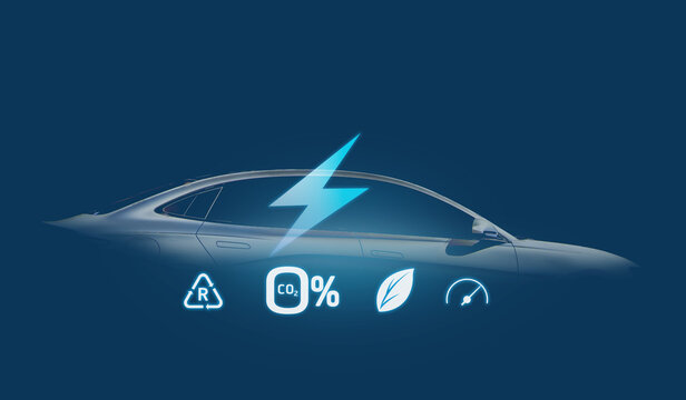 Concept of Power cable pump plug in charging power to electric vehicle EV car with icon save the world.