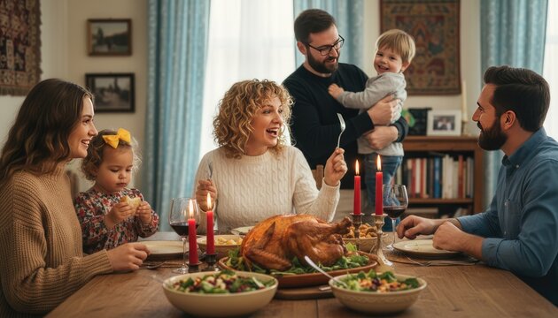 Cozy family dinner at home, parents and toddlers sharing meal, warm candlelit dining table with holiday mood