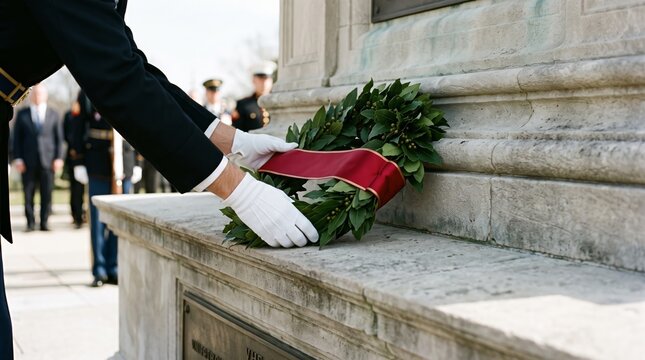 An honor guard member places a wreath on a memorial stone. Concept of remembrance, honoring veterans, Memorial Day, military respect, patriotic ceremonies. Generative AI.