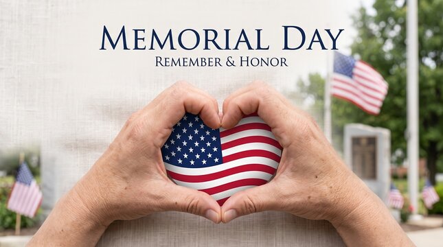 Elderly hands form a heart shape around an American flag, symbolizing Memorial Day. The concept emphasizes patriotism, remembrance, and national pride, ideal for holiday promotions. Generative AI.