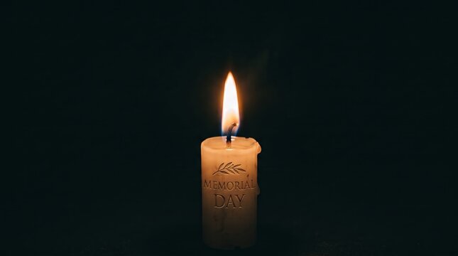 A lit candle with Memorial Day engraving against a dark background. Concept emphasizes remembrance and honor, ideal for themes of memorials, ceremonies, and patriotic events. Generative AI.