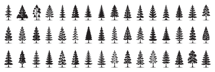 Obraz premium Forest trees set. Isolated vector silhouette. Coniferous forest. Christmas tree, fir-tree, pine, pine-tree, Scotch fir, cedar. A minimalist vector graphic illustration of a mountain landscape .