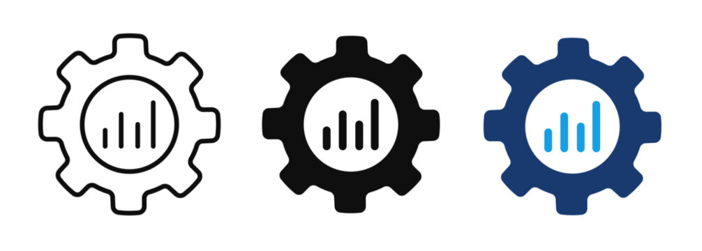 Analytics Gear Icon Set, Data Analysis, Business Intelligence, Dashboard, Settings, Automation, AI Technology, Statistics Graph, Performance Monitoring Vector
