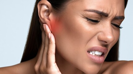 Fototapeta premium Woman feeling severe ear pain, touching her sore ear with a grimace, depicting health issues, otitis, and the discomfort of an infection