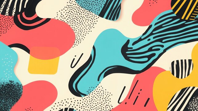 Abstract shapes and hand drawn patterns create a vibrant colorful background design with soft organic curves and textured dots suitable for artistic branding projects and creative digital media.