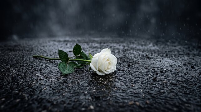 A single white rose lies on a rain-soaked pavement. Concept of Memorial Day, loss, mourning, and remembrance. Suitable for themes of tribute and reflection in marketing. Generative AI.