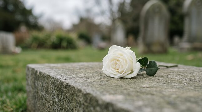 A serene image of a white rose lying on a gravestone in a cemetery. Concept signifies remembrance and honoring lost loved ones, suitable for Memorial Day themes. Generative AI.