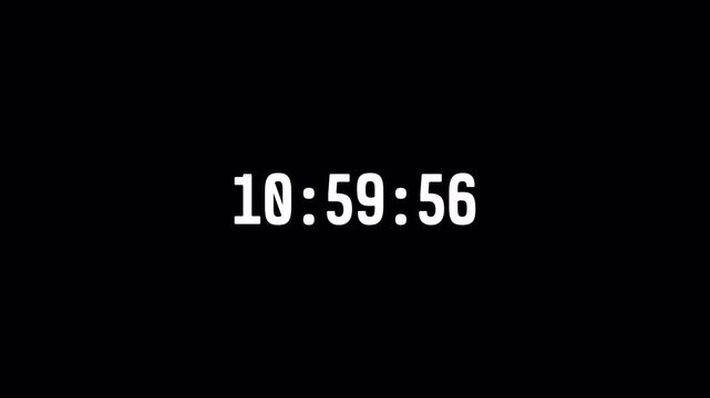 Starting soon Digital countdown clock timer in 12 hours to zero second. Element for overlay concept. 4K animation with alpha channel on transparent background