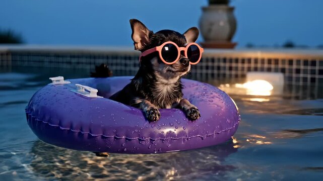 Chihuahua dog floats in swimming pool wearing sunglasses. Funny dog relaxes on purple inflatable ring. Small pet enjoys summer pool vacation. Dog with sunglasses cools off. Summer holiday fun.