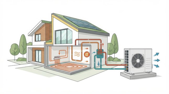 A house shows a retrofit for energy efficiency with a heat pump, insulation, and solar panels in a residential area during the day.
