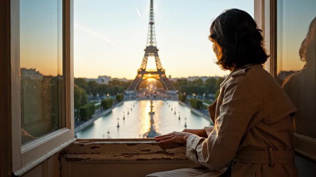 Young woman sits by open window looking at Eiffel Tower. Female tourist enjoys Paris view at sunrise. Lady watches city landmark from window. Happy woman admires beautiful Paris view in morning.