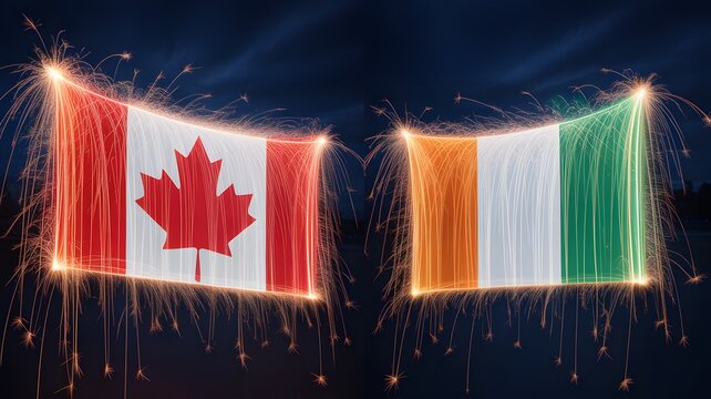 Vibrant night-time celebration with national flags. Festive event with fireworks and colorful lights, showcasing patriotic pride and cultural unity.