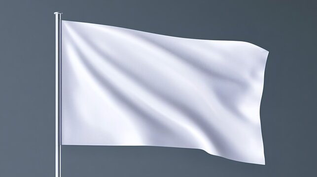 White flag waving on a flagpole, symbolizing surrender, peace, truce, and a blank template for new beginnings, with a clean fabric texture against a dark background