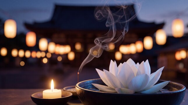 Serene white lotus flower in a bowl with burning incense and glowing candle at a traditional temple during twilight with warm lanterns in background