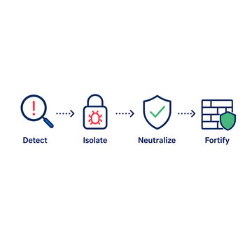 Cybersecurity process infographic showing detection isolation neutralization protection steps with illustrates sequential cybersecurity workflow icons representing detect