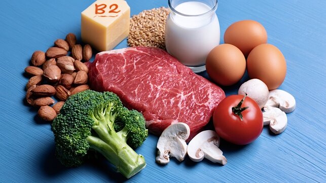 Variety of food items including meat, eggs, milk, nuts, cheese, vegetables, and grains, illustrating essential dietary sources for vitamin b2 riboflavin and healthy nutrition