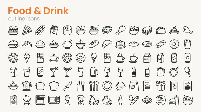 A grid of 88 monochrome lineart icons representing various foods drinks and kitchen utensils on a light background