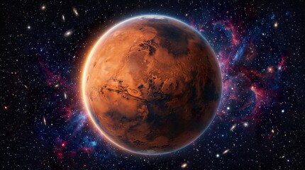 Naklejka premium Majestic planet mars glowing in deep space filled with colorful nebula clouds and distant star fields.