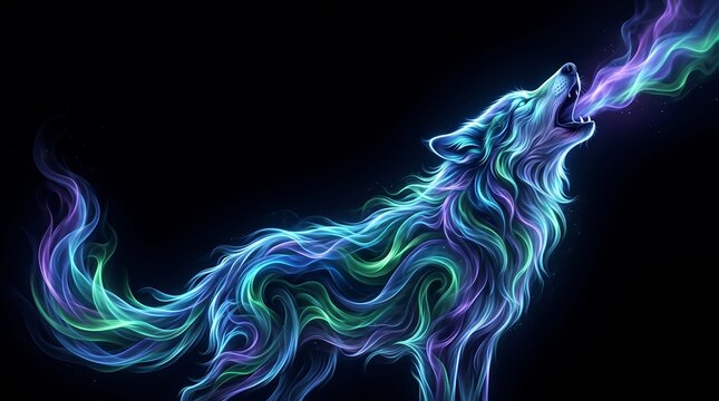 Neon smoke wolf howling into darkness abstract digital art composition with vibrant aurora borealis colors