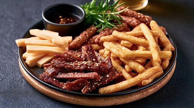 Appetizer plate featuring crispy golden french fries, savory beef jerky, sliced cheddar cheese sticks, and a small bowl of dipping sauce, garnished with fresh rosemary for a pub style snack