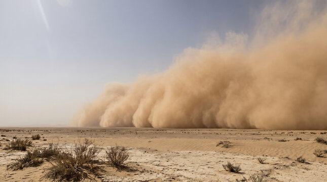 Wide ochre dust storm wall advancing across a desert plain in daylight