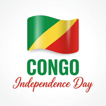 Republic of the Congo Independence Day greeting poster featuring glossy waving Congo national flag, bold Independence Day typography, minimalist white background and patriotic celebration