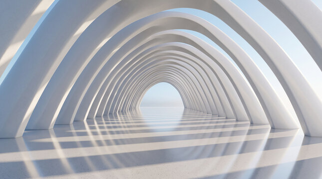 Futuristic white arch tunnel corridor with reflective floor and minimalist abstract architecture