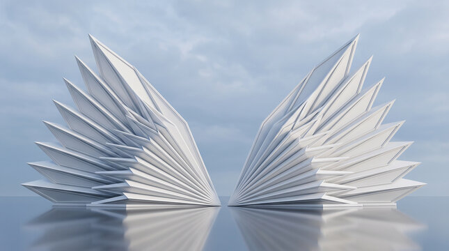 Twin white architectural wings with geometric angular design on reflective surface