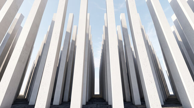 White vertical pillars creating geometric corridors against blue sky in modern architecture
