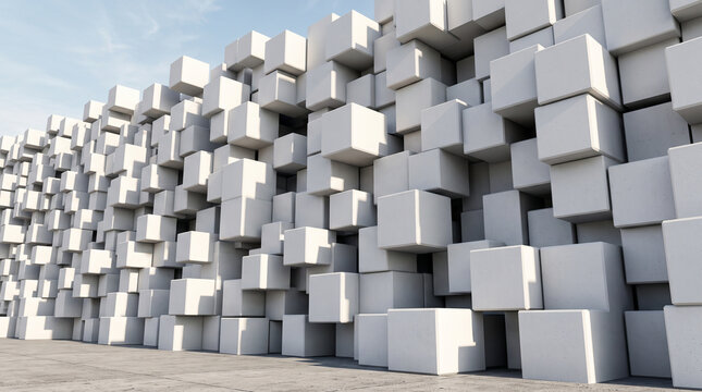 Modern white cubic block wall facade with geometric three-dimensional pattern