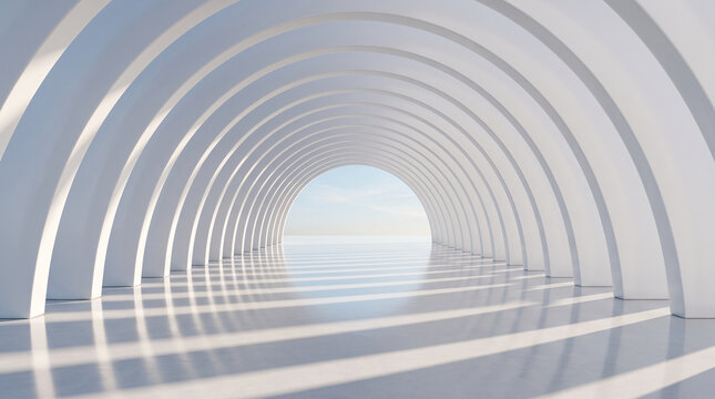 Futuristic white arch tunnel with reflective floor leading to bright horizon
