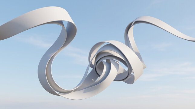Abstract white twisted ribbon sculpture flowing against blue sky background