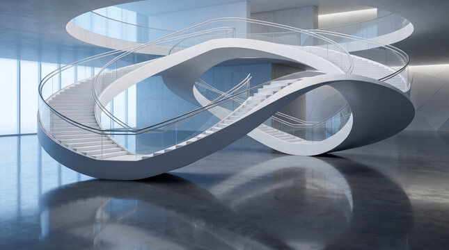 Futuristic white infinity loop double spiral staircase in modern minimalist interior with reflective floor